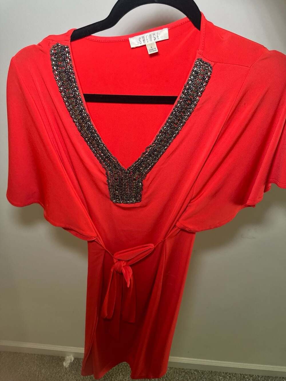 Spense Red Beaded V-Neck Flutter Sleeve Dress Size 6